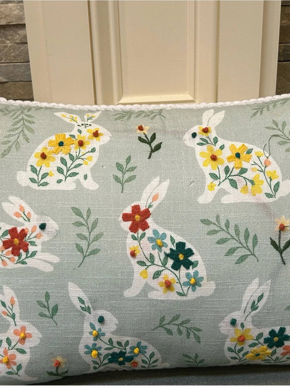 Floral Bunny Holiday Pillow in Mint Green